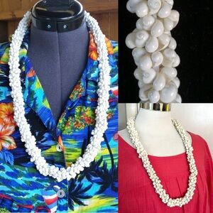 Hawaiian White Mongo Shell Lei Necklace Unisex Coastal Cowgirl Beach Party